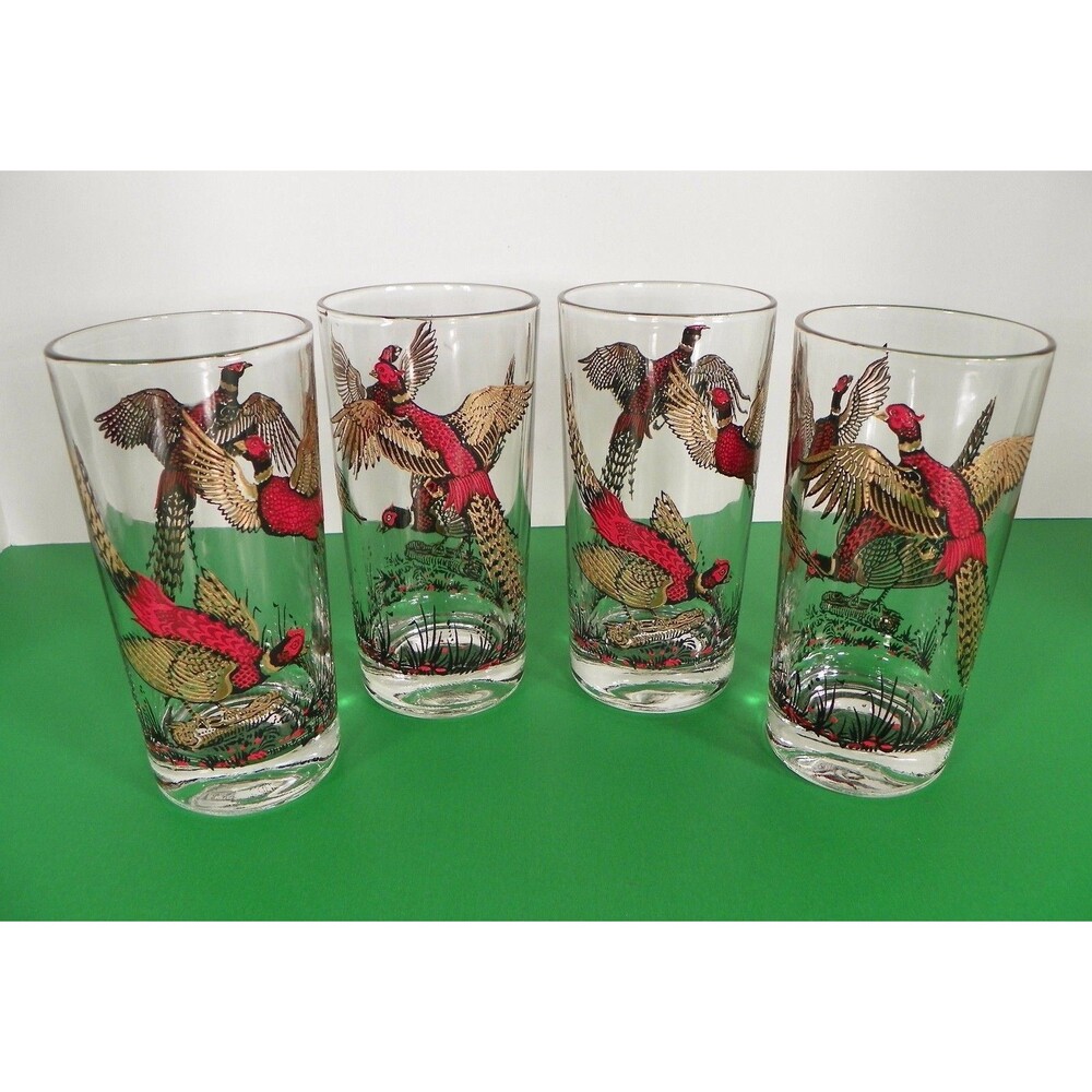Hazel Atlas Glass PHEASANT ATC37 Highball Tumbler (s)‎ LOT OF 4 Red Gold Glasses